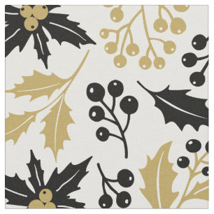 Modern Black Gold Christmas Holly Berries Pattern Fabric