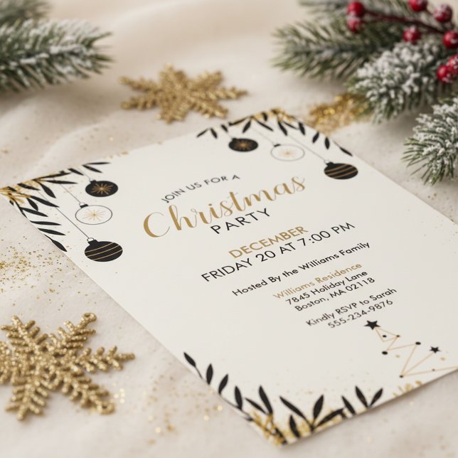 Modern Black Gold Christmas Party Invitation (Black Gold Christmas)