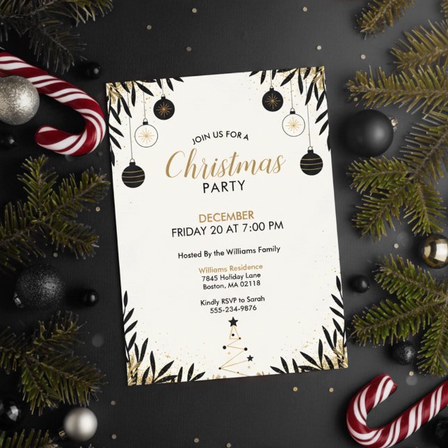Modern Black Gold Christmas Party Invitation (Modern Christmas Party)