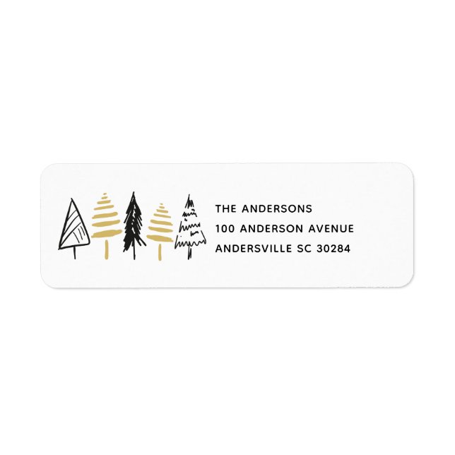 Modern Black & Gold Christmas Tree Return Address (Front)