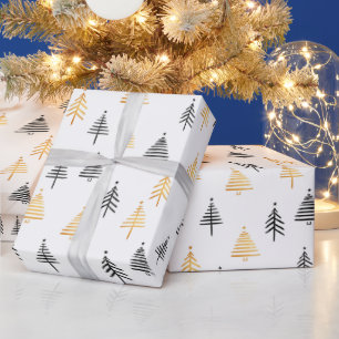 Modern Black Gold Christmas Trees on White Wrapping Paper