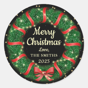 Modern Black Gold Christmas Wreath Holiday Classic Round Sticker