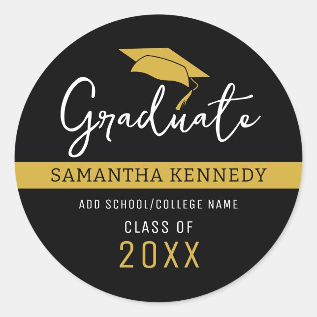 Modern Black & Gold Class of 2025 Grad Cap   Classic Round Sticker (Front)
