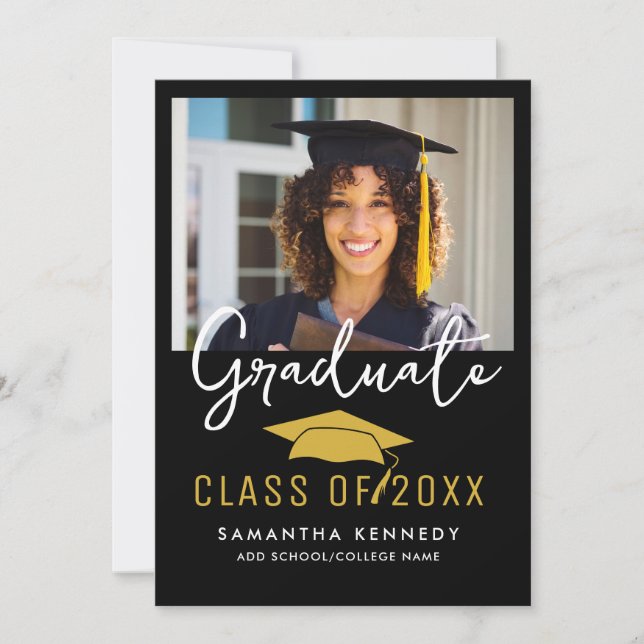 Modern Black & Gold Class of 2025 Grad Cap Photo  Invitation (Front)