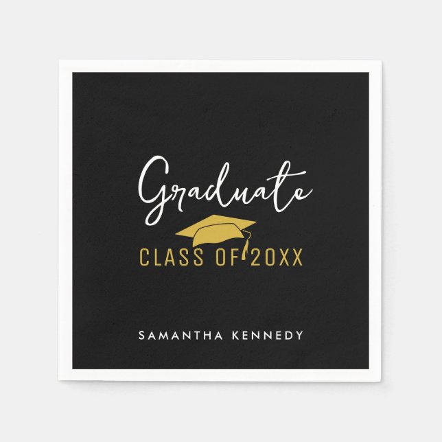 Modern Black & Gold Class of 2025 Graduation Cap Napkin (Front)