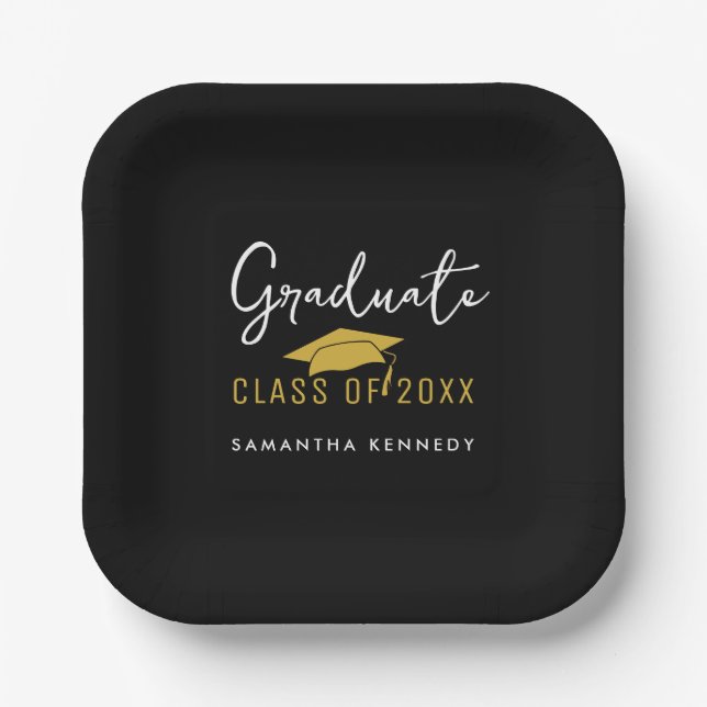 Modern Black & Gold Class of 2025 Graduation Cap Paper Plate (Front)