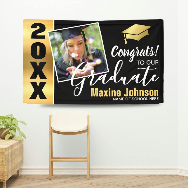 Modern Black & Gold Class of 2025 Photo Graduation Banner (Creator Uploaded)