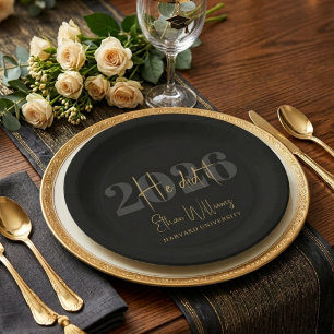 Modern Black Gold Class of 2026 Graduation Paper Plate