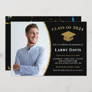 Modern Black & Gold Confetti Photo Graduation Invitation