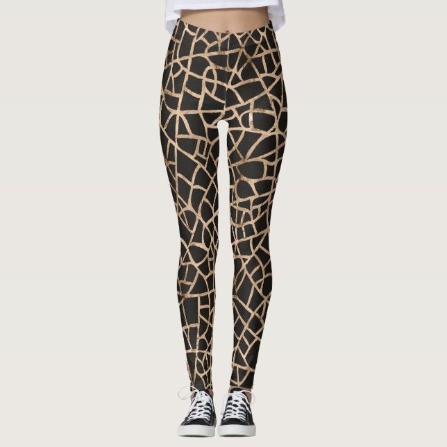 Modern Black & Gold Crackled Pattern Leggings (Front)