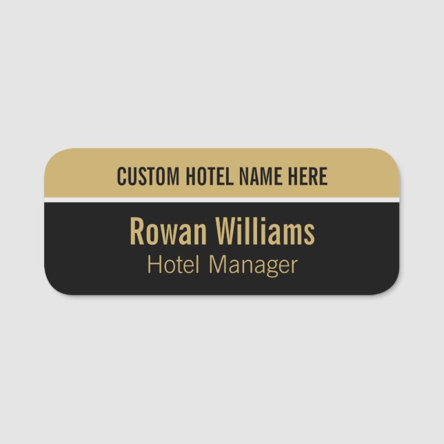 Modern Black Gold Custom Hotel Employee Name Tag (Front)