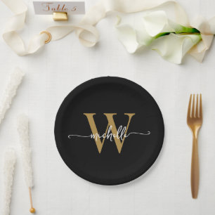 Modern Black Gold Custom Monogram Name Script  Paper Plate
