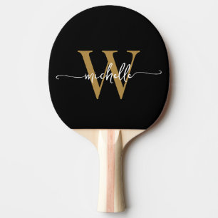Modern Black Gold Custom Monogram Name Script Ping Pong Paddle