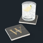 Modern Black Gold Custom Monogram Name Script  Stone Coaster<br><div class="desc">Girly Modern Elegant Black and Gold Monogram Initial Name Signature Script Custom Personalised Stone Coaster. This design featuring your first name in a pretty hand lettered style swash tail font typography (or calligraphy) with monogram initial in gold and white on black. These are easy to customise it. Great stylish feminine...</div>