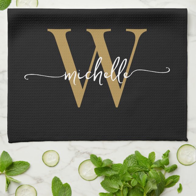 Modern Black Gold Custom Monogram Name Script Tea Towel (Folded)