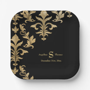 Modern Black Gold Damask Wedding Reception Decor Paper Plate