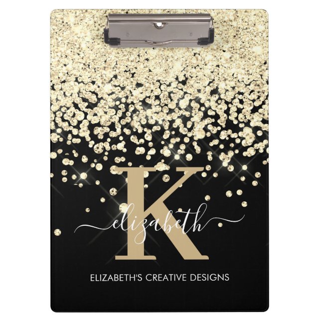 Modern Black Gold Diamond Glitter Monogrammed Clipboard (Front)