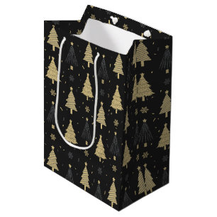 Modern Black & Gold Elegant Christmas Tree Pattern Medium Gift Bag