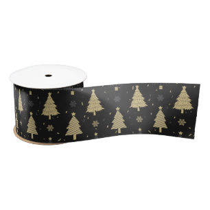 Modern Black & Gold Elegant Christmas Tree Pattern Satin Ribbon