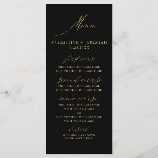Modern Black Gold Elegant Script Wedding Menu (Front)