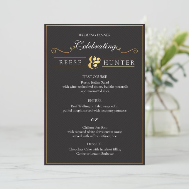 Modern Black Gold Elegant Wedding Menu Card (Standing Front)
