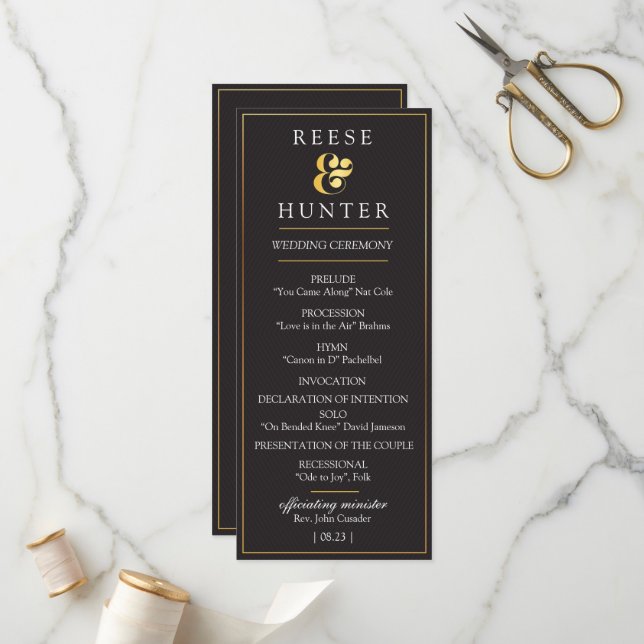 Modern Black Gold Elegant Wedding Program Card (Front/Back In Situ)
