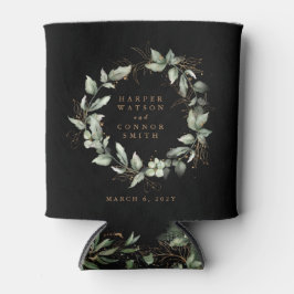Modern Black Gold Eucalyptus Wreath Wedding Can Cooler