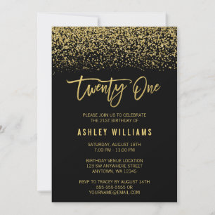 Modern Black Gold Faux Glitter 21st Birthday Invitation