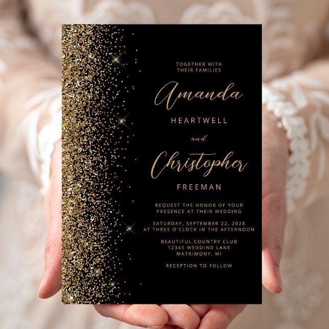 Modern Black Gold Faux Glitter Script Wedding Invitation (Creator Uploaded)