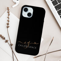 Modern Black Gold Feminine Script Heart Monogram