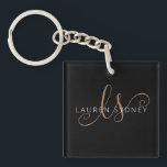 Modern Black Gold Feminine Script Monogrammed<br><div class="desc">Modern Black Gold Feminine Script Monogrammed keychain. Easily personalise this modern elegant keychain with your custom monogram and name.</div>