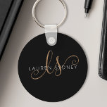 Modern Black Gold Feminine Script Monogrammed<br><div class="desc">Modern Black Gold Feminine Script Monogrammed Keychain. Easily personalise this modern elegant keychain with your custom monogram and name.</div>