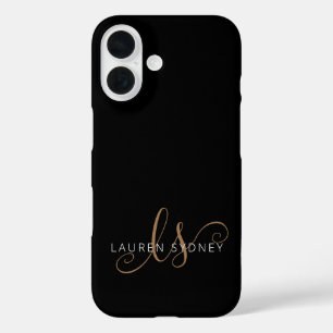 Modern Black Gold Feminine Script Monogrammed iPhone 16 Case