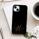 Modern Black Gold Feminine Script Monogrammed iPhone 15 Mini Case<br><div class="desc">Modern Black Gold Feminine Script Monogrammed iPhone Case. Easily personalise this modern elegant phone case with your custom monogram and name.</div>