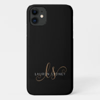 Modern Black Gold Feminine Script Monogrammed