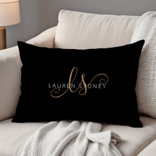 Modern Black Gold Feminine Script Monogrammed Decorative Cushion