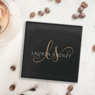 Modern Black Gold Feminine Script Monogrammed Glass Coaster