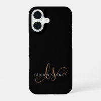 Modern Black Gold Feminine Script Monogrammed