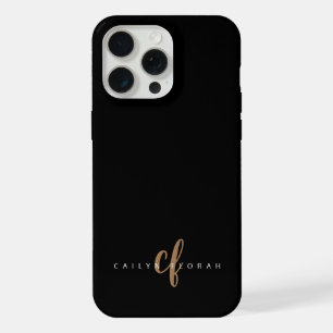Modern Black Gold Feminine Script Monogrammed iPhone 15 Pro Max Case