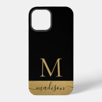 Modern Black Gold Feminine Script Monogrammed