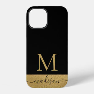 Modern Black Gold Feminine Script Monogrammed iPhone 12 Case