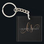Modern Black Gold Feminine Script Monogrammed  Key Ring<br><div class="desc">Modern Black Gold Feminine Script Monogrammed keychain. Easily personalise this modern elegant keychain with your custom monogram and name.</div>