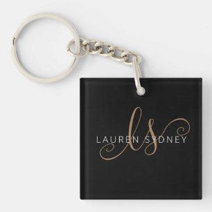 Modern Black Gold Feminine Script Monogrammed  Key Ring