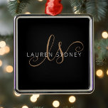 Modern Black Gold Feminine Script Monogrammed Metal Tree Decoration<br><div class="desc">Modern Black Gold Feminine Script Monogrammed Metal Ornament. Easily personalise this modern elegant metal ornament with your custom monogram and name.</div>