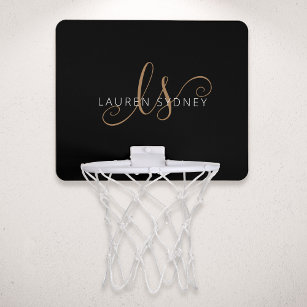 Modern Black Gold Feminine Script Monogrammed Mini Basketball Hoop