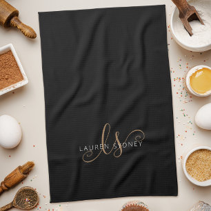 Modern Black Gold Feminine Script Monogrammed Tea Towel