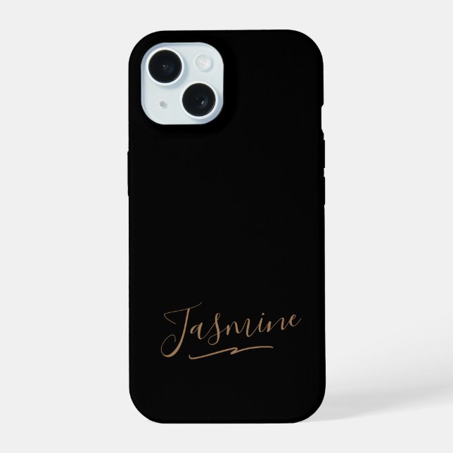 Modern Black Gold Feminine Script Name iPhone 15 Case (Back)