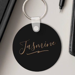 Modern Black Gold Feminine Script Name Key Ring