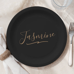 Modern Black Gold Feminine Script Name Paper Plate