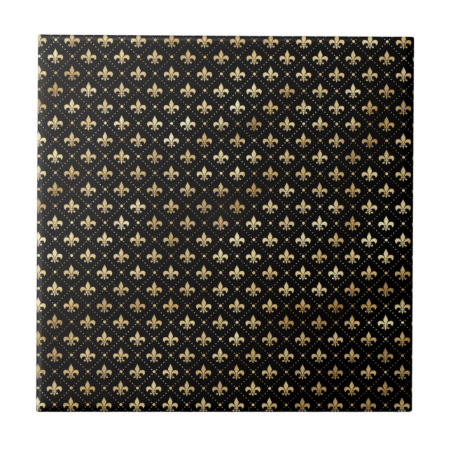 Modern Black Gold Fleur De Lis Illustration Tile (Front)